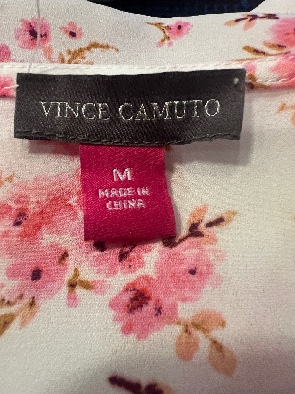 Vince Camuto White Blouse with Pink Floral Print and Smocked Waist - Picture 9 of 10